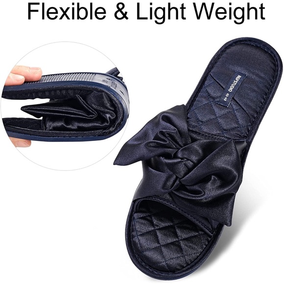 Open Toe Bow Slip On Slides Slippers Sandals Anti-Skid Rubber Sole Black 7-7.5 - Picture 2 of 5